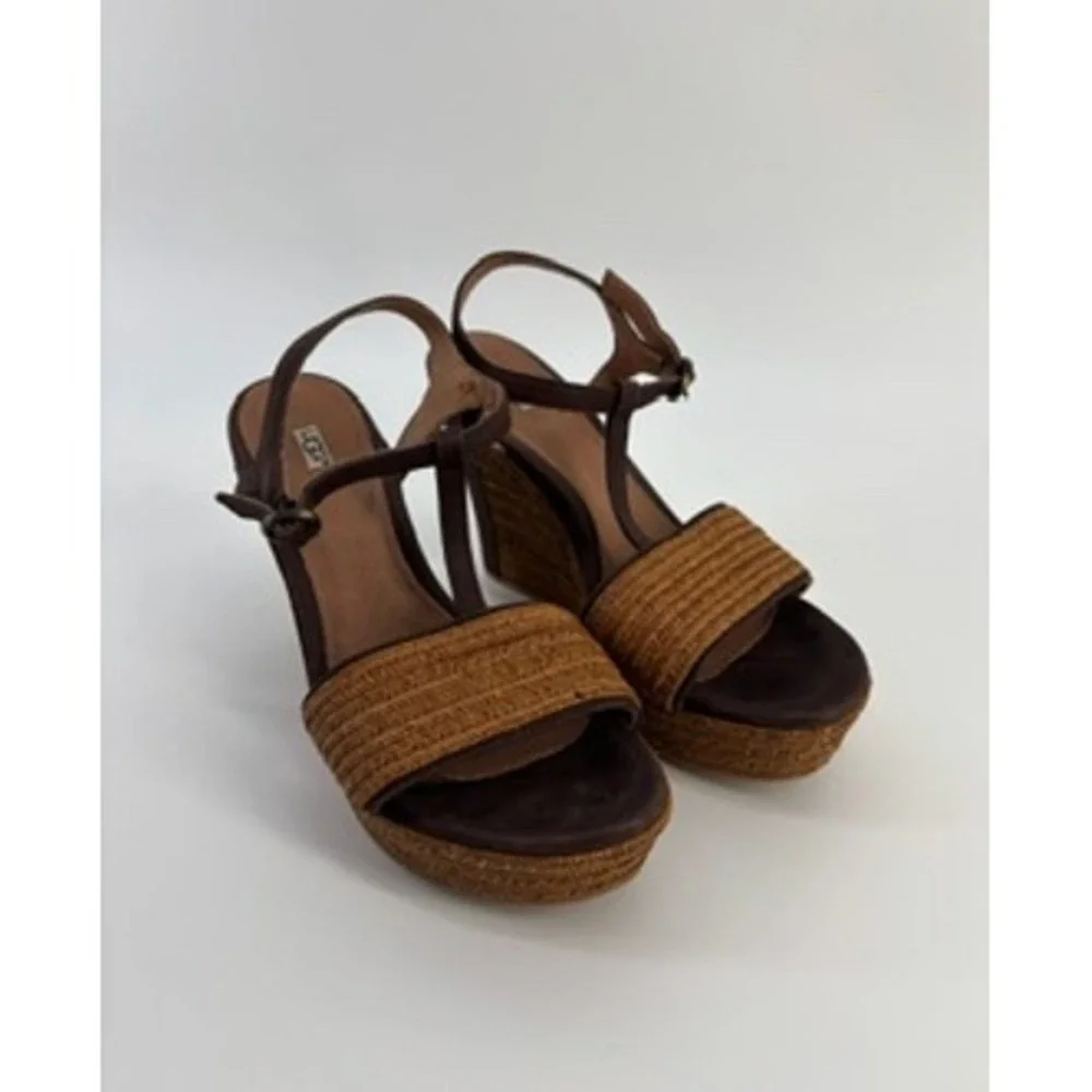 UGG Women Brown Suede Raffia Platform Wedge Sandals T-Strap Ankle Buckle Size7.5